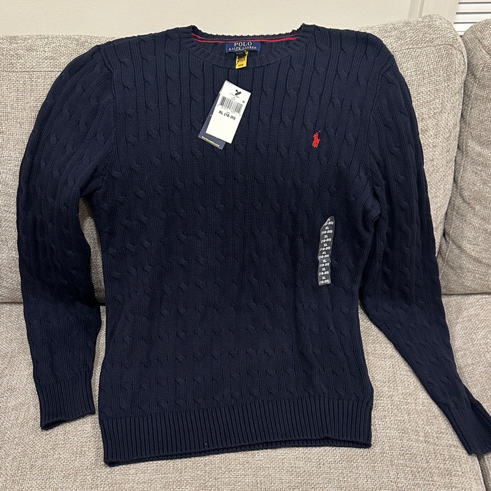 Ralph Lauren Navy Cable Knit Sweater with Red Logo
